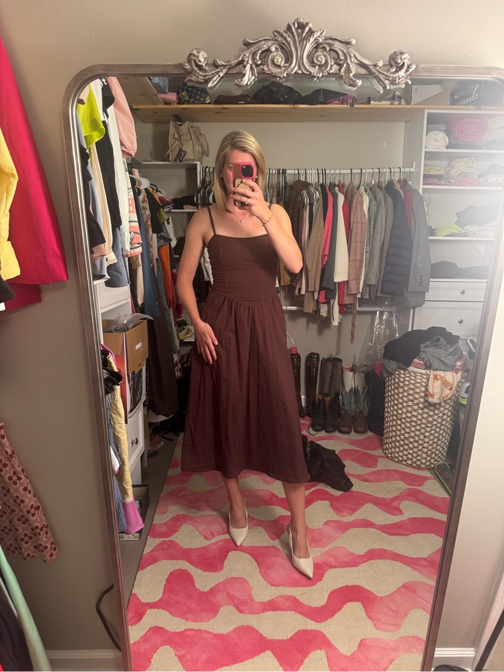 Sleeveless Brown Midi Dress with Slim Straps - Picture 2 of 8